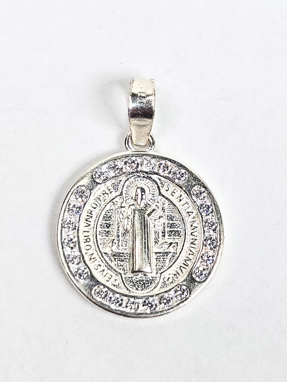Saint Benedict CZ Medal Pendant Religious Sterling Silver San Benito Charm 19mm